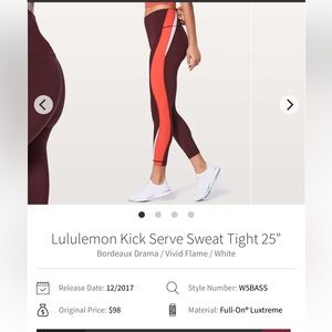 Lululemon Kick Serve Sweat Tight 25” in Bordeaux & Vivid Flame & White size 6